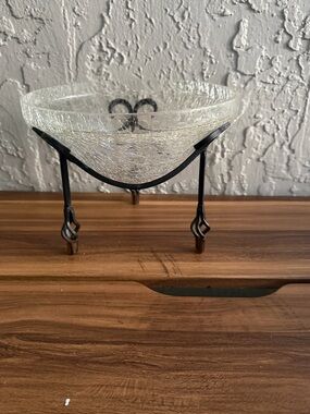 Crackle Glass and Wrought Iron Bowl and Stand